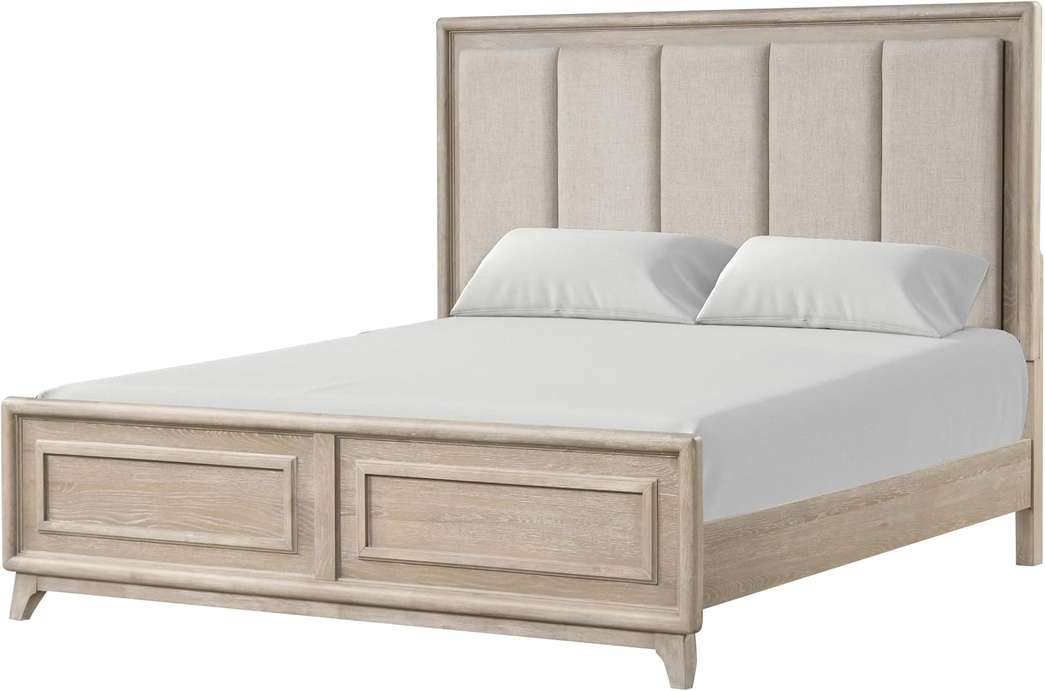 Furniture of America Veralyn Modern Solid Wood Brown Bed Frame with Channel Padded Headboard, Wooden Bedframe for Bedroom, Guest Room, Box Spring Required, Oak, Queen