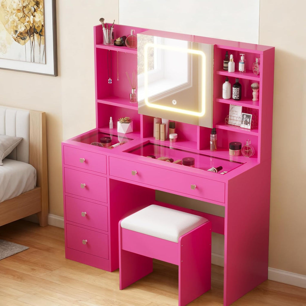 Karl home Makeup Vanity with Lighted Mirror Bedroom Vanity Desk with Charging Station Large Vanity Set with Transparent Desk, Drawers, Cabinet, Shelves for Storage in Bedroom, Pink