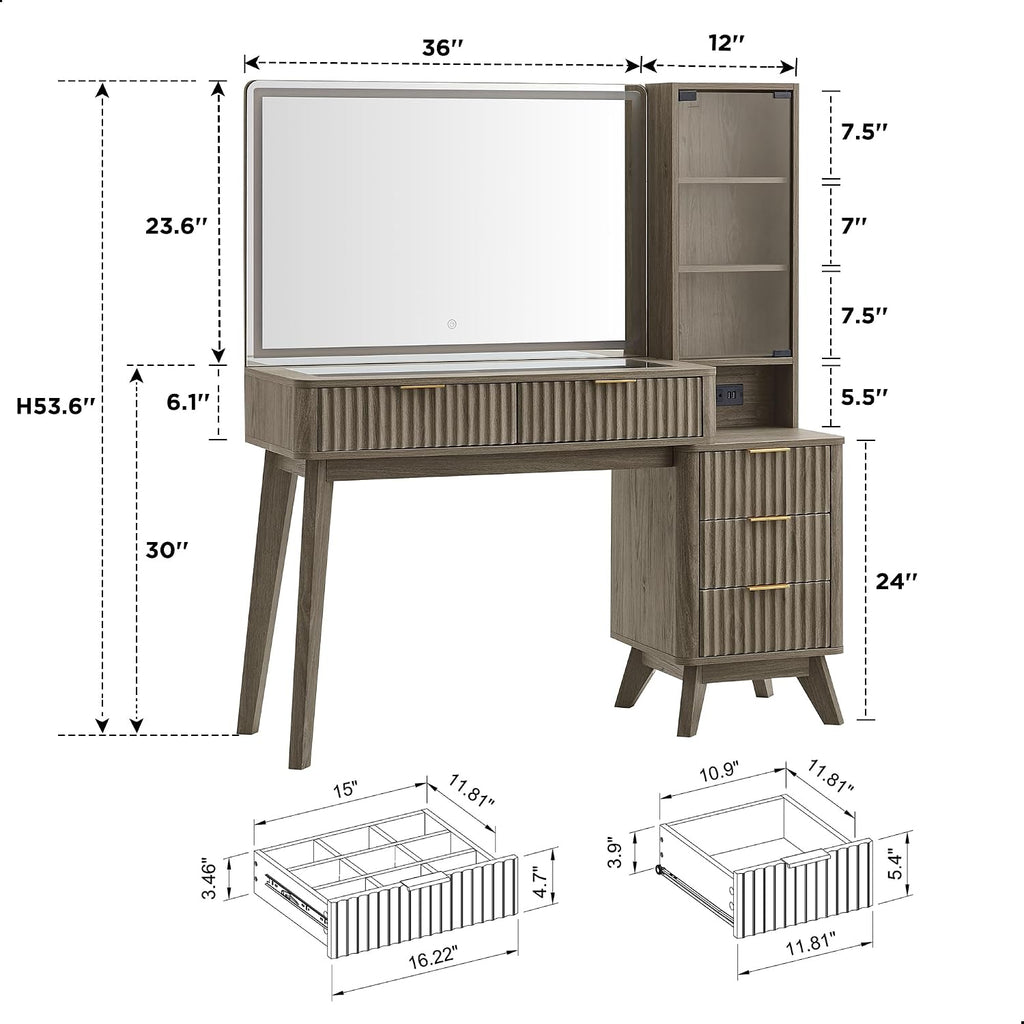T4TREAM 48' Fluted Makeup Vanity Desk with Large 36' Mirror and Lights, Modern Glass Top Big Vanity Table w/5 Drawers & Adjustable Shelves, Dressing Table w/Charging Station for Bedroom, Brown Alder