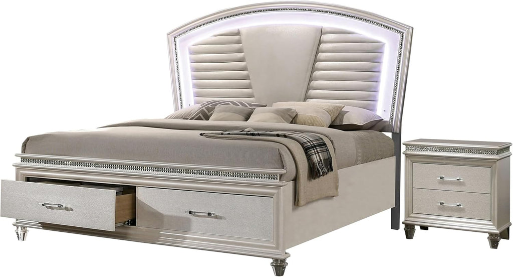 HOMES: Inside + Out Bevill Wood 2-Piece Bedroom Set, King Size Platform Bed with LED Light, Upholstered Headboard and 2-Drawer Nightstand, No Box Spring Required, Pearl White