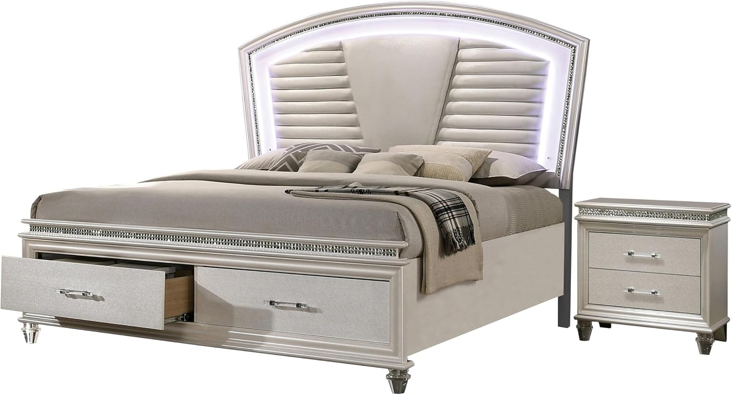 HOMES: Inside + Out Bevill Wood 2-Piece Bedroom Set, King Size Platform Bed with LED Light, Upholstered Headboard and 2-Drawer Nightstand, No Box Spring Required, Pearl White
