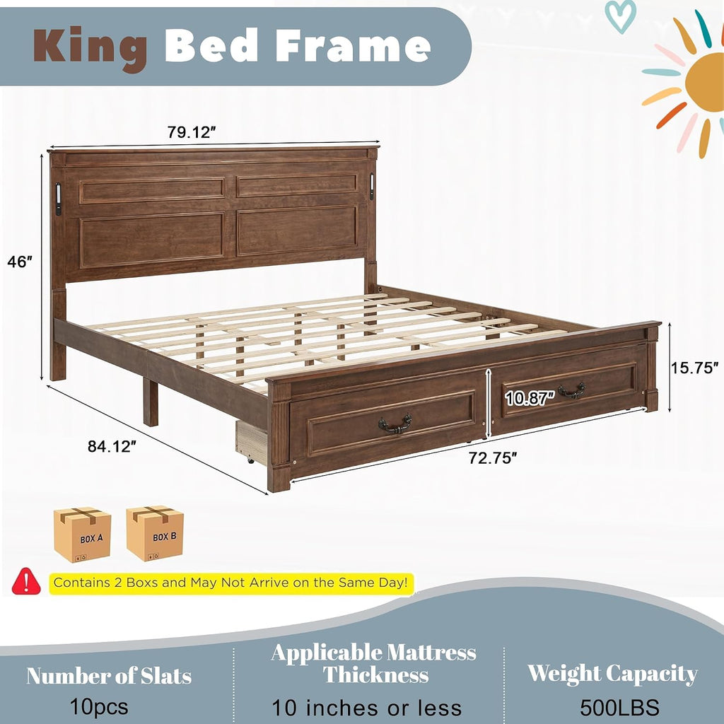 King Bed Frame with 46' Tall Headboard, Farmhouse Solid Wood King Size Platform Bed with 2 Storage Drawers,LED Lights & USB Charging Station,No Box Spring Needed, Walnut