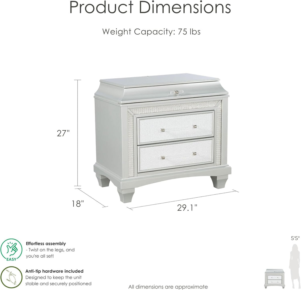 Furniture of America Silvia Glam Solid Wood 6-Piece Bedroom Set with Layered Frame Bed, Faux Crystal Trim LED on Nightstands, Chest and Dresser with Mirror, Box Spring Needed for Bedroom, King, Silver