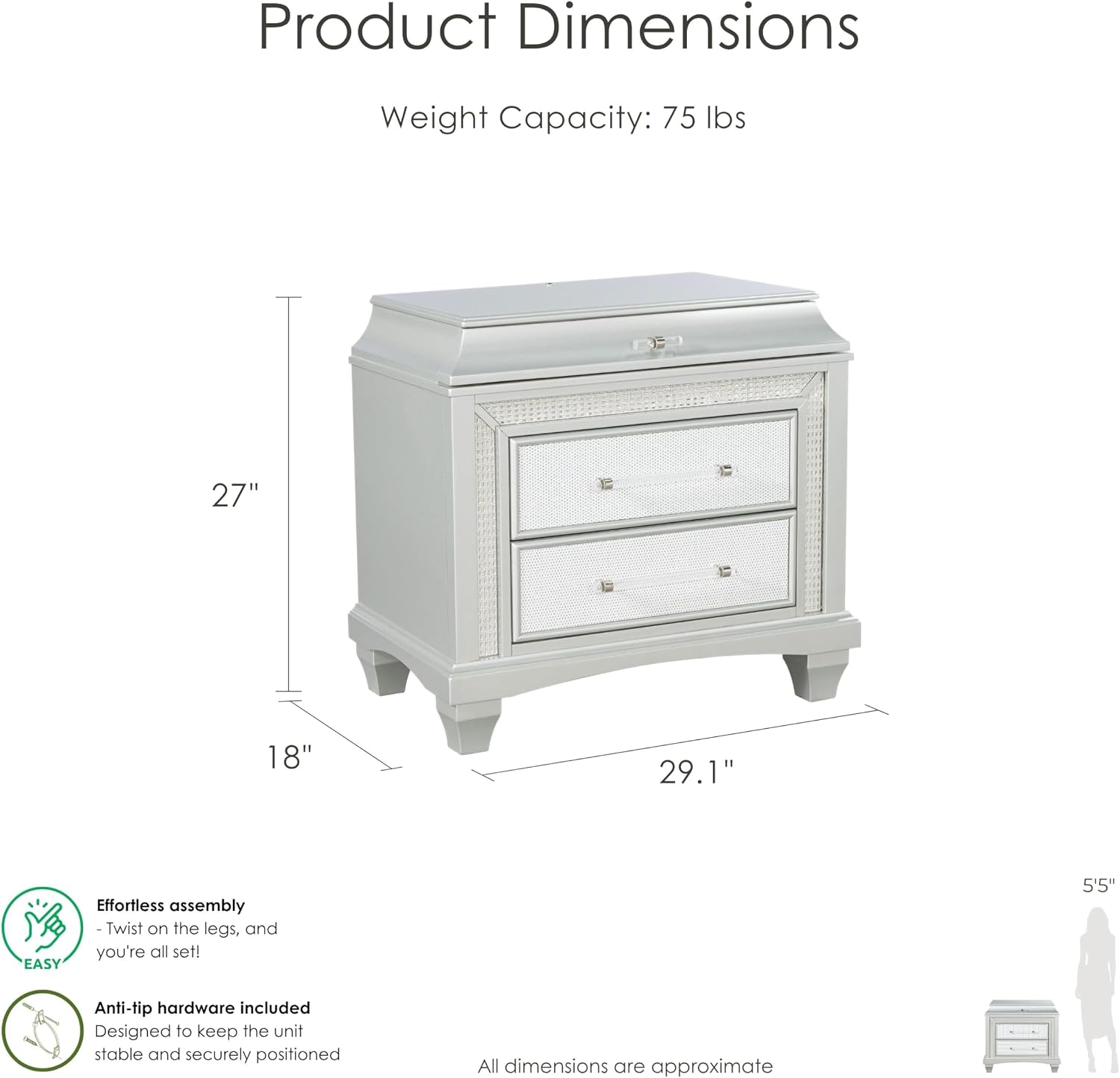 Furniture of America Silvia Glam Solid Wood 4-Piece Bedroom Set with Layered Frame Bed, Faux Crystal Trim LED on Nightstand and Dresser with Mirror, Box Spring Needed for Bedroom, King, Silver