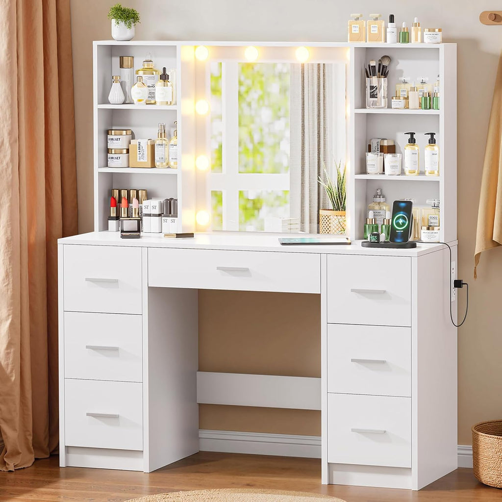 Vanity Desk with Mirror and LED Lights, Large Vanity with 7 Drawers and 6 Shelves, Make up Vanity Dressing Table with Charging Station for Girls, Women (White)