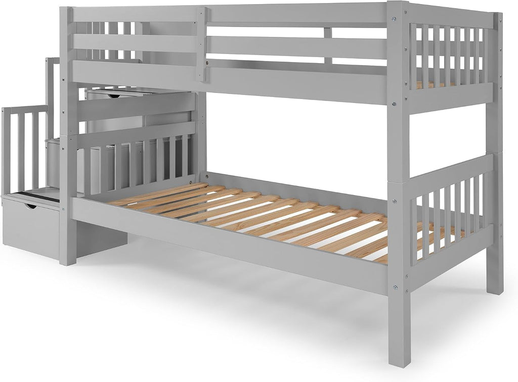 Bedz King Stairway Bunk Beds Twin Over Twin, 3 Step Drawers, Gray