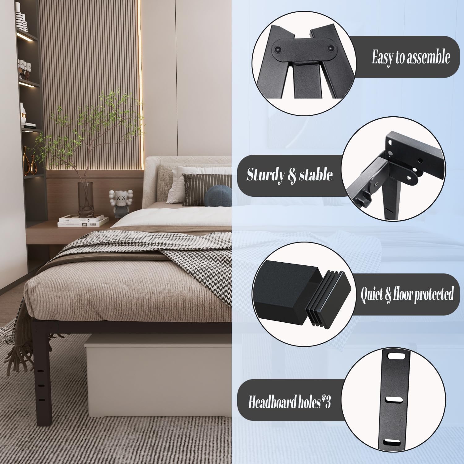 King Size Metal Bed Frame 14 'high Heavy Duty Platform Bed Can Support 3500lbs No Box Spring Needed with Under Bed Storage Space Easy Assembly Non-Slip and Noiseless Black