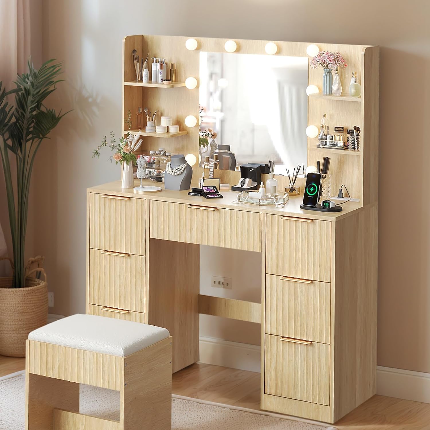 Karl home Fluted Vanity Desk with Mirror and Lights in 3 Modes and Charging Station, Makeup Vanity Table Set with 7 Drawers & Storage Shelves, Dressing Table with Chair for Bedroom, Oak