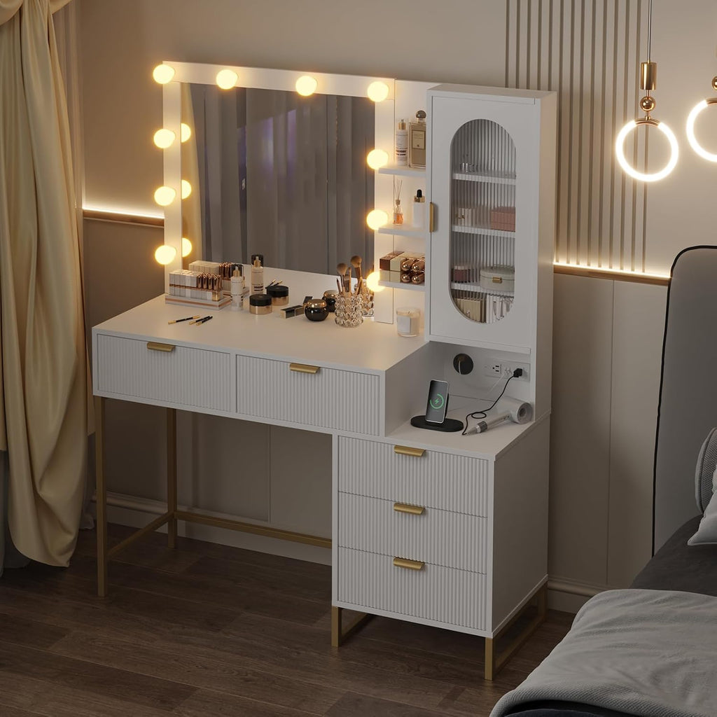 Modern Vanity Makeup Desk with Vanity Mirror, Built-in Lights, 5 Drawers, Power Outlet, Makeup Desk for Bedroom, White & Gold, Wavy Stripes