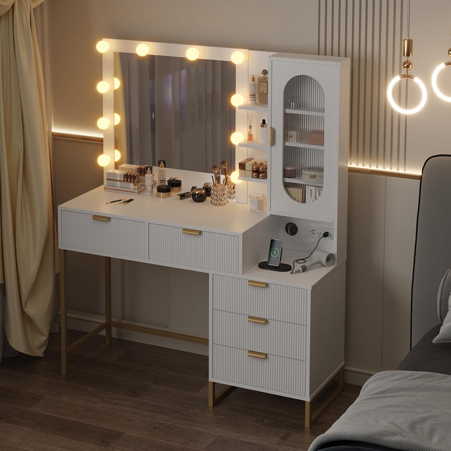 Modern Vanity Makeup Desk with Vanity Mirror, Built-in Lights, 5 Drawers, Power Outlet, Makeup Desk for Bedroom, White & Gold, Wavy Stripes