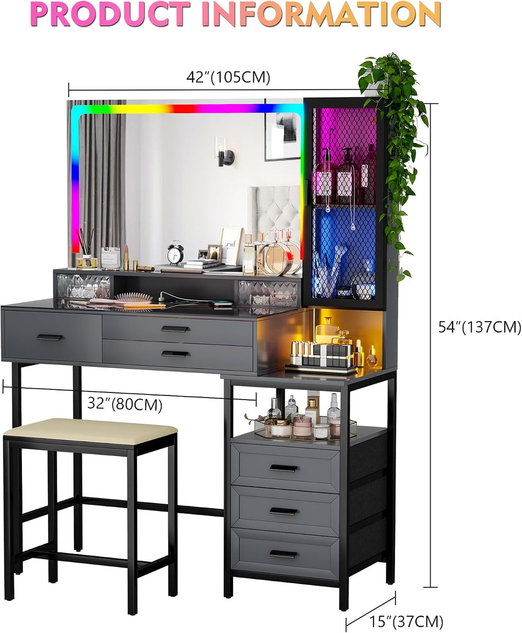 Lvifur RGB Vanity Desk - with Mirror and Lights,7 Dynamic & 24 Static Dimmable Vanity Table Set with Charging Station,Human Sensor LED Vanities w/Glass Top,6 Drawers,Stool,Grey