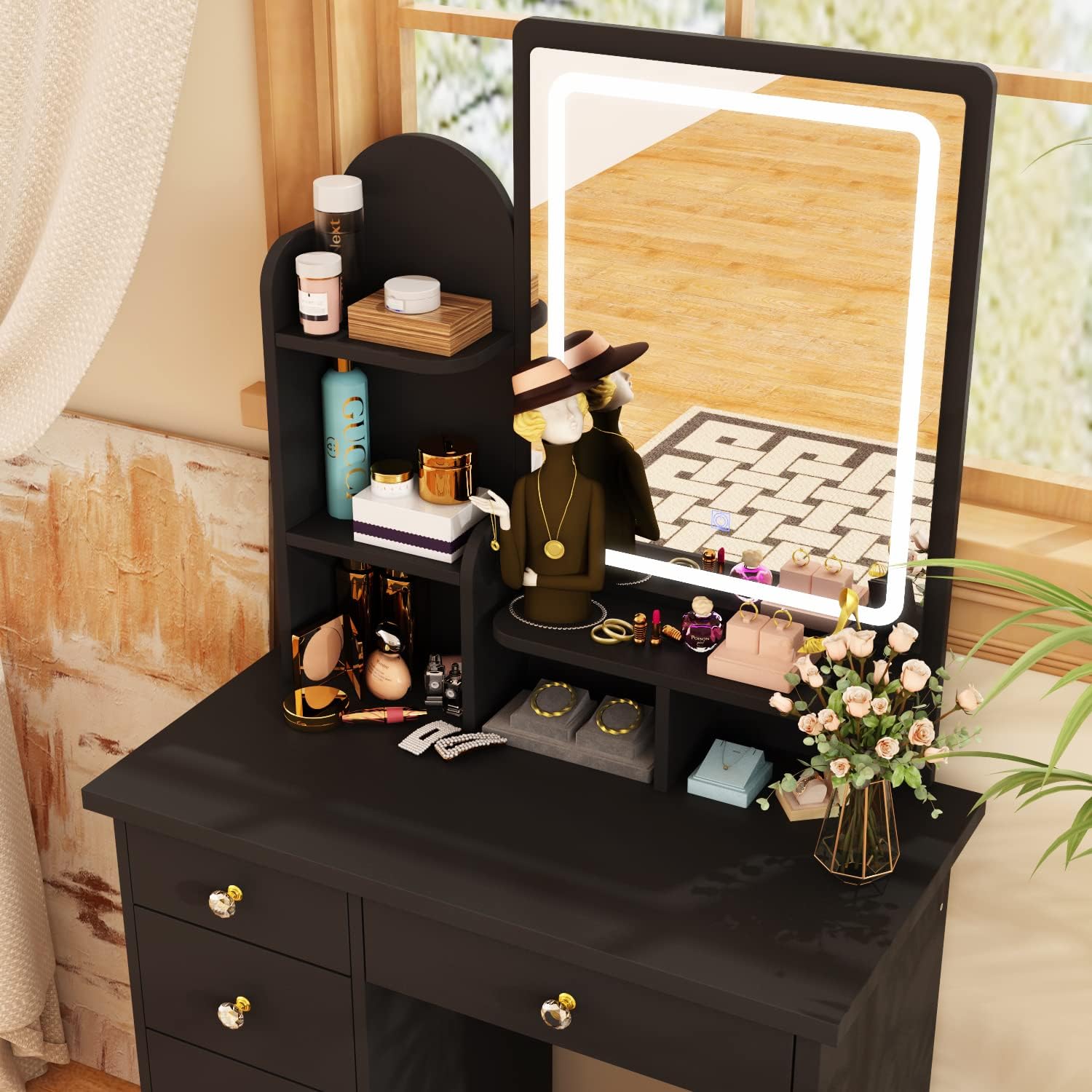 ECACAD Vanity Desk, Vanity Table Set with LED Lighted Mirror, Makeup Vanity Dressing Table with 5 Drawers, Storage Shelves and Cushioned Stool, Black