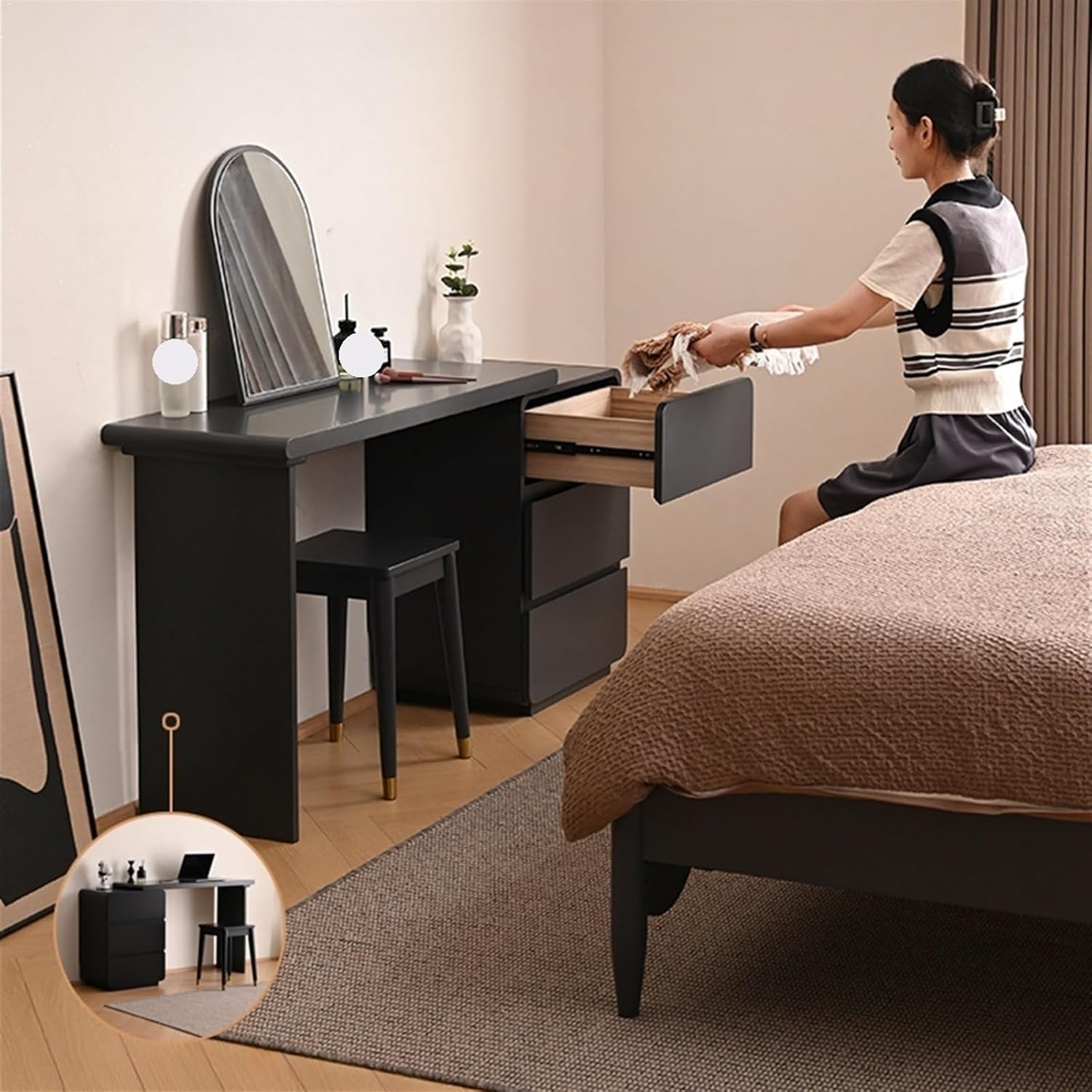 Makeup Vanity Desk Makeup Table Solid Wood Dresser Simple Modern Multiple Level Lockers Integrated Movable Corner Dresser Dressing Table(Gris,110cm)