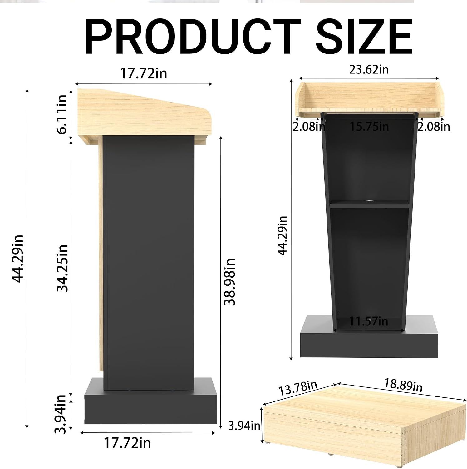 Rolling Podium Stand with Mobile Footrest - 44.3' Ergonomic Lectern for Church, Classroom, Office - Heavy-Duty Locking Wheels, Dual Storage Shelves, Cable Management, Light Wood & Black
