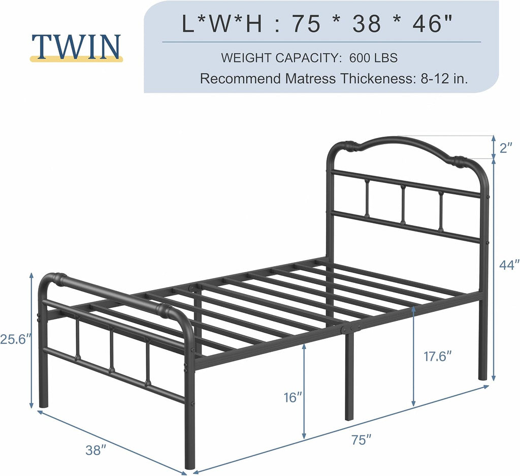 BOSRII 18 Inch Twin Size Metal Bed Frame with Headboard and Footboard Heavy Duty Platform Bed Vintage Iron Wrought Frames Steel Slats, Easy Assembly, No Box Spring Needed, Noise Free, Black