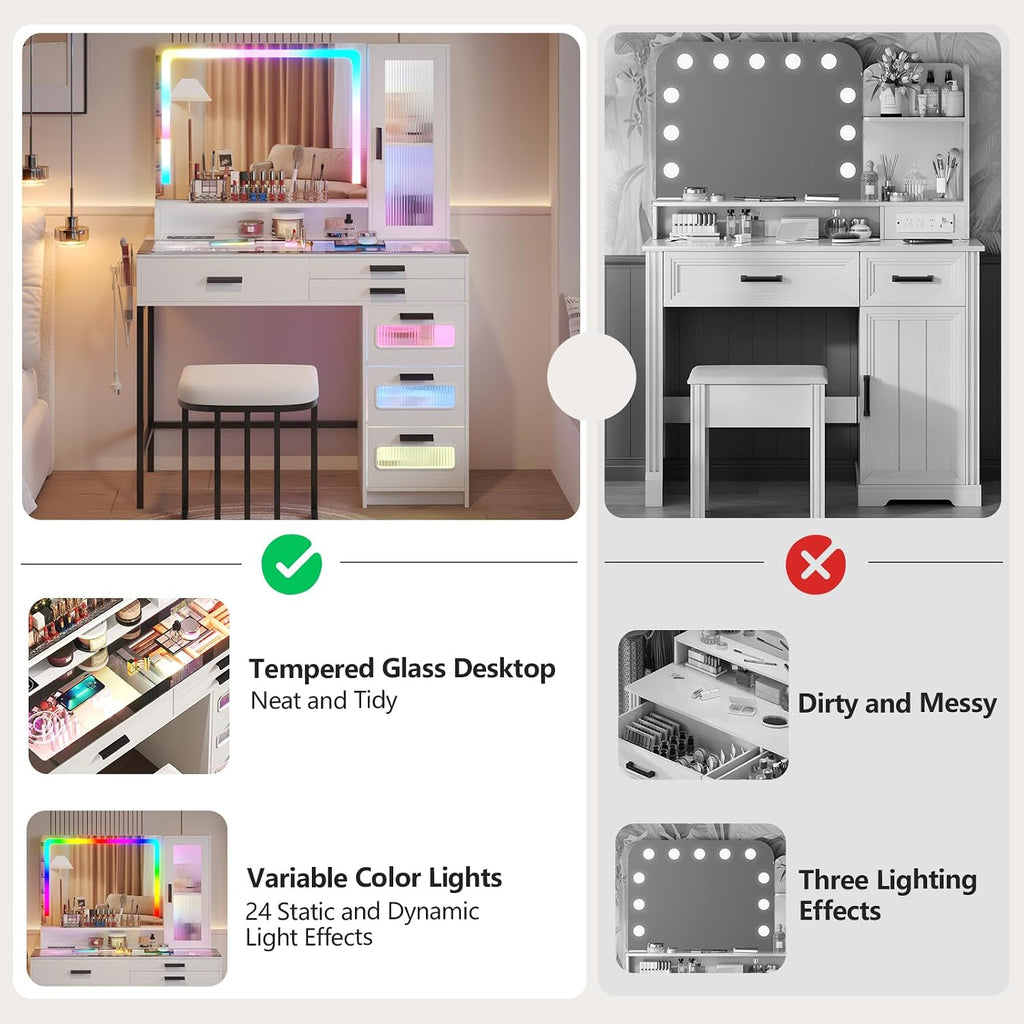RGB Vanity Desk with Mirror and Lights, Glass Top Makeup Vanity Table with Wireless Charging Station, Girl Vanity,Dressing Table with Chair & 6 Drawers,White