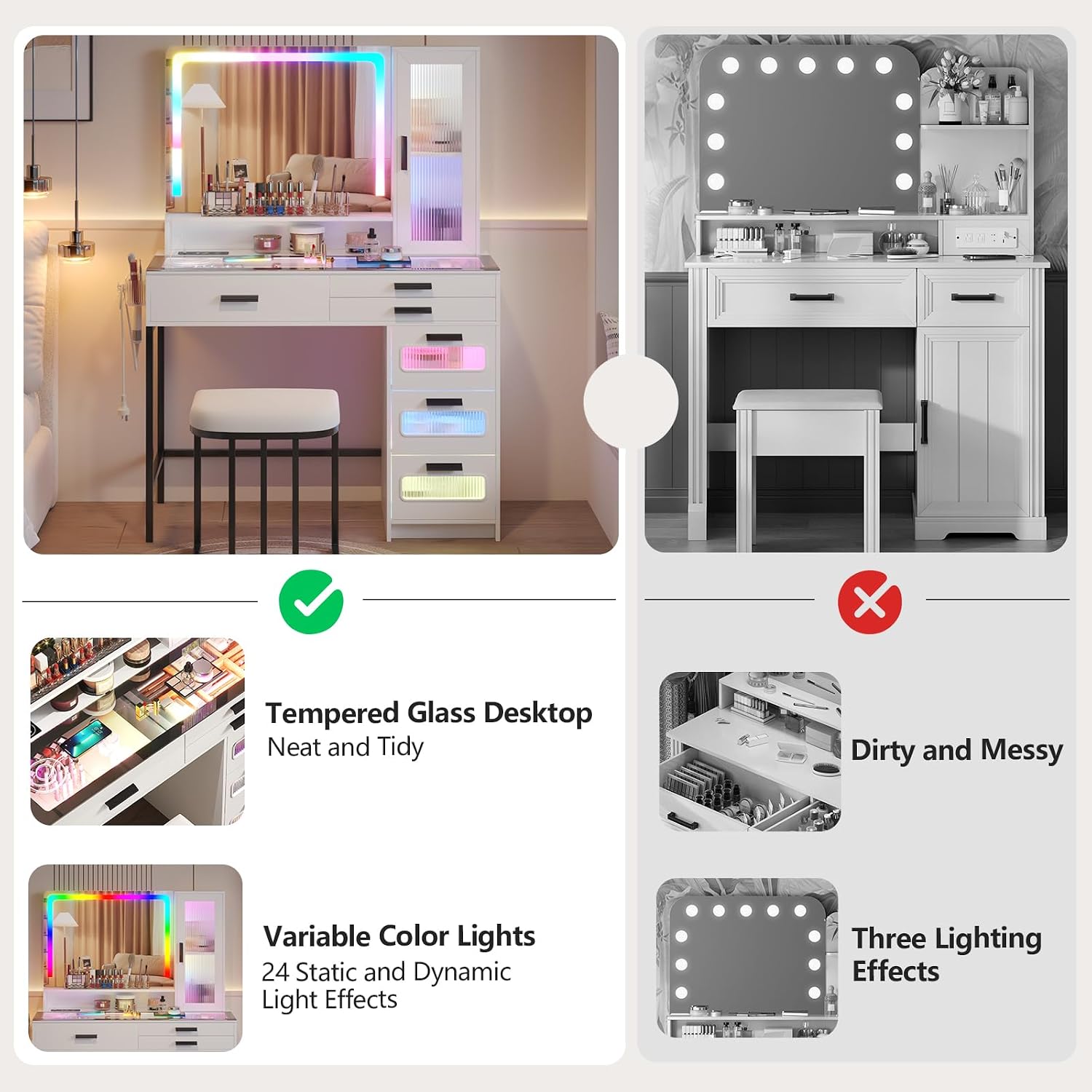 RGB Vanity Desk with Mirror and Lights, Glass Top Makeup Vanity Table with Wireless Charging Station, Girl Vanity,Dressing Table with Chair & 6 Drawers,White