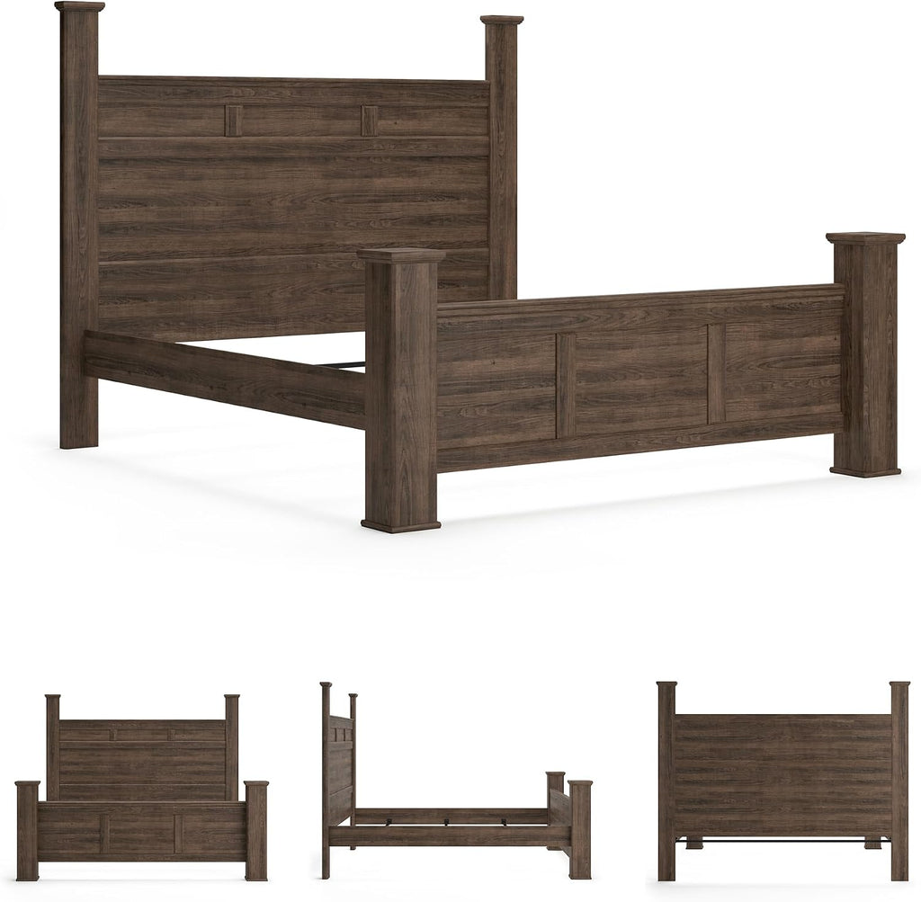 Signature Design by Ashley Juararo Casual King Poster Bed with Metal Slats, Foundation or Box Spring Needed, Dark Brown