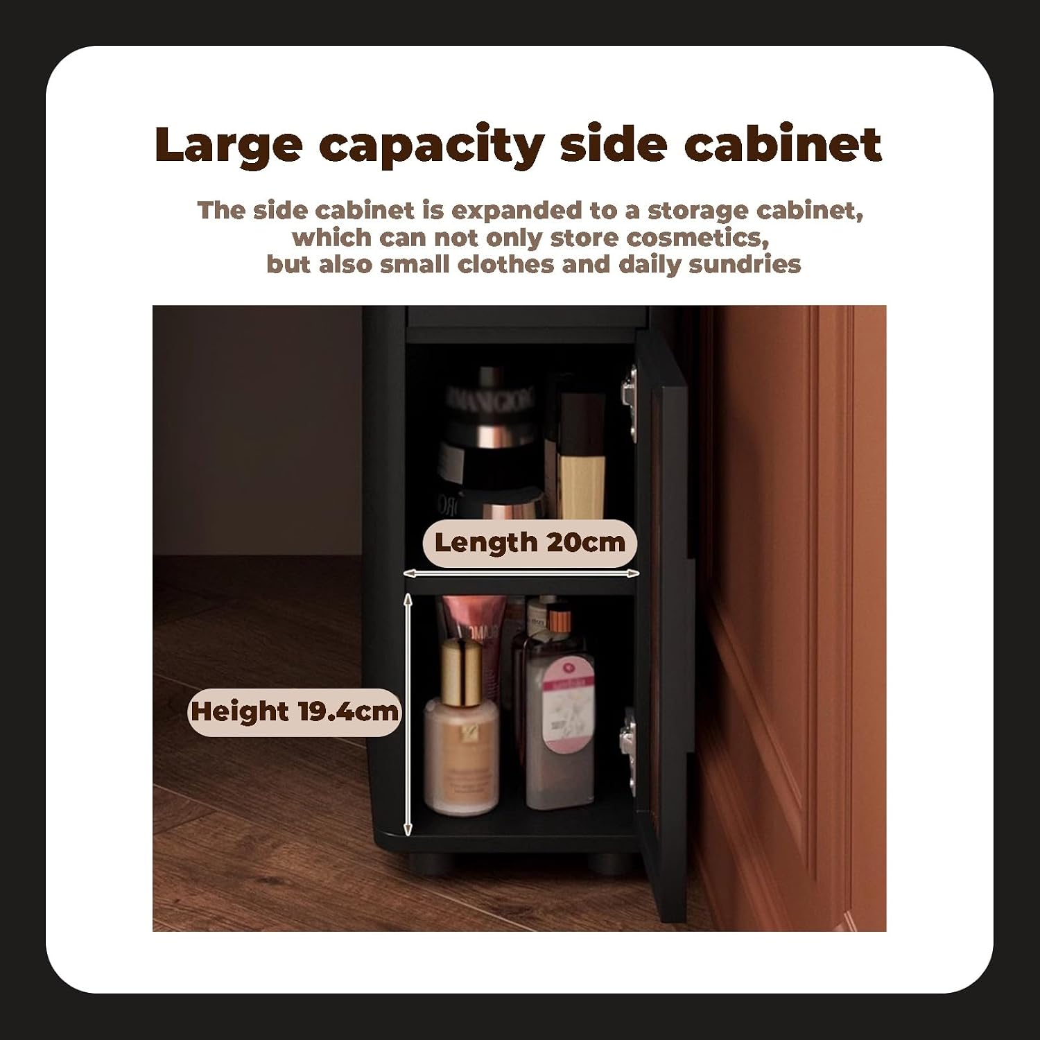 Black Corner Dressing Table Without Mirror,Makeup Vanity Table with Cabinet & Shelf & Handheld Mirror,French(1 Side Cabinet_70CM)