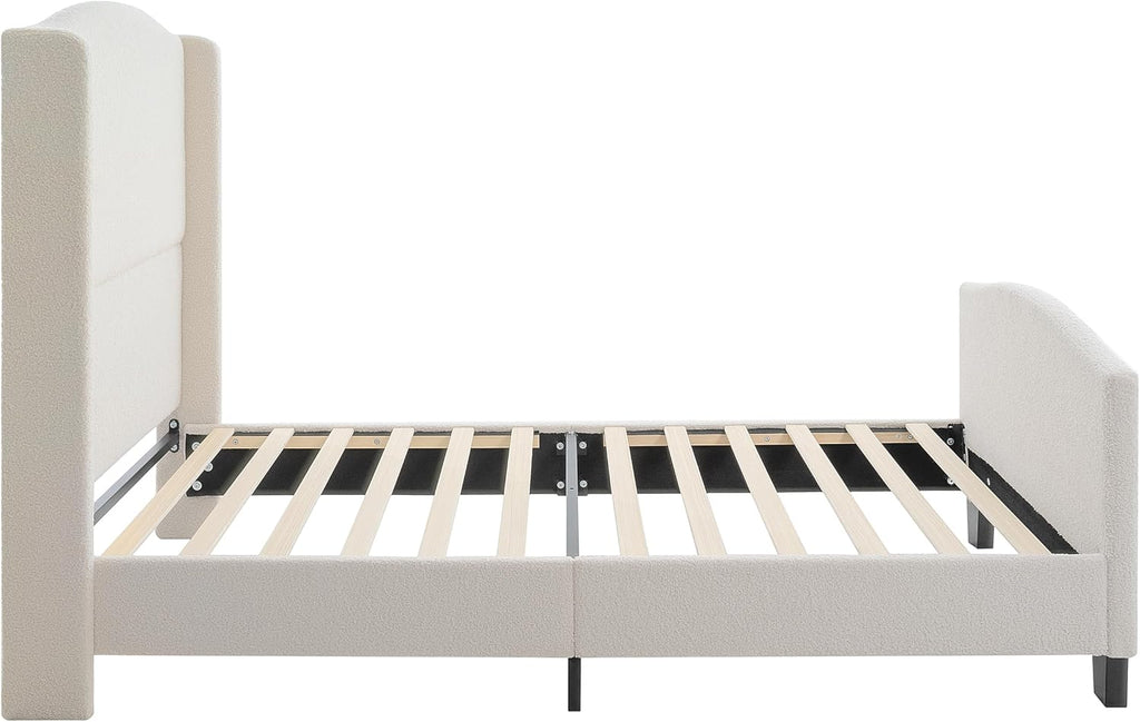 KEIKI Twin Size Velvet Upholstered Platform Bed, Metal Bed Frame w/Tall Wingback Headboard, Modern Solid Bedframe Twin-Size for Bedroom, Wood Slat Support, No Box Spring Needed, Easy Assembly, Ivory