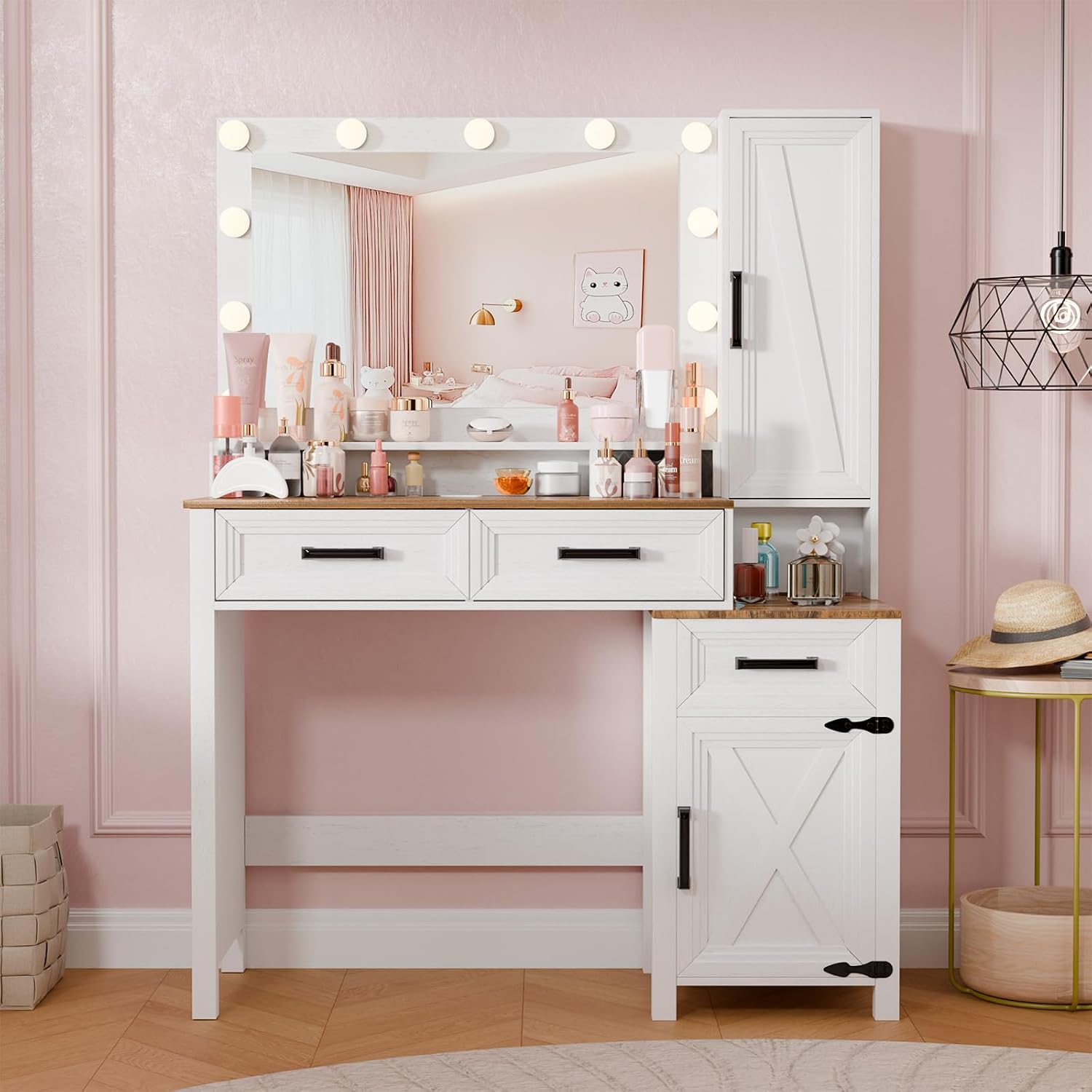 Topcomfy Farmhouse Vanity Desk with 3 Adjustable Light Colors & Power Outlet, White Makeup Vanity Table with Sliding Jewelry Cabinet, Built-in Lipstick Organizer, 3 Drawers & Shelves for the Bedroom