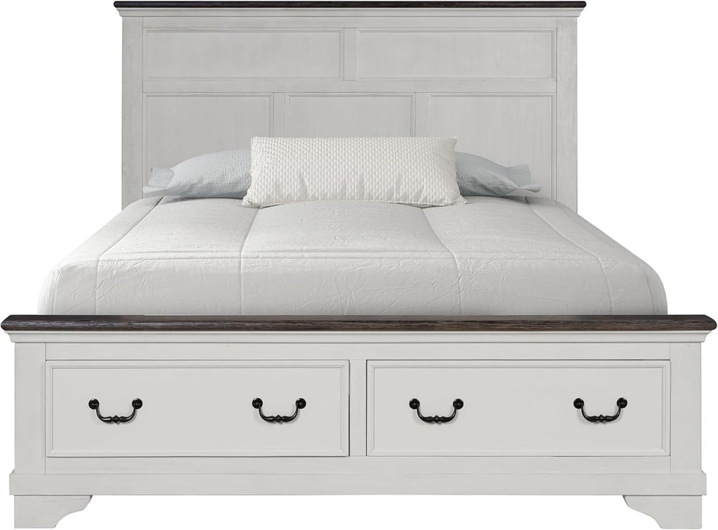 Furniture of America Roden Modern Solid Wood 3-Piece Bedroom Set with Storage Footboard, USB Chargers on Nightstand, Drop Handle Pulls, No Box Spring Needed, King, White