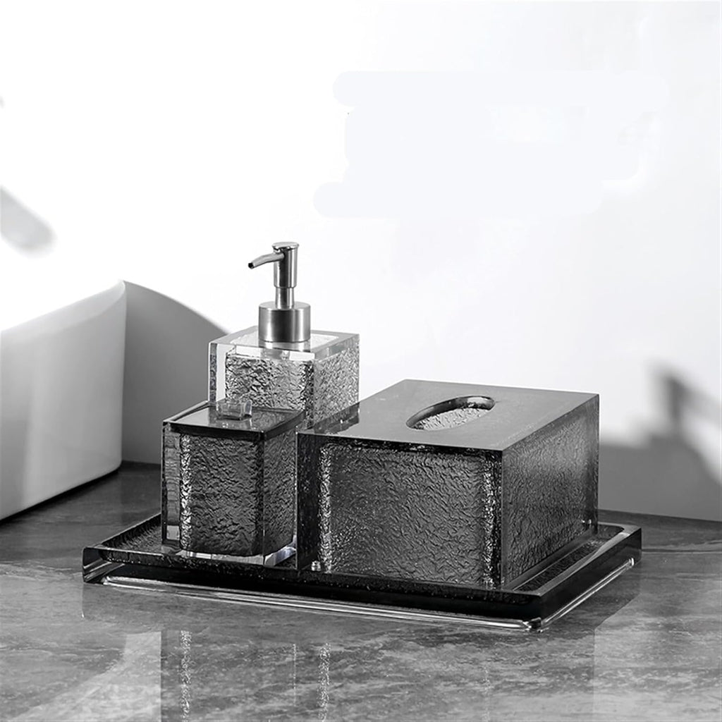 Beautiful Black Translucent Resin Bathroom Accessory Set, 4 Pieces Accessories Complete Vanity Countertop, Includes Soap Dispenser, Cup, Tissue Box and Tray Bathroom Decor