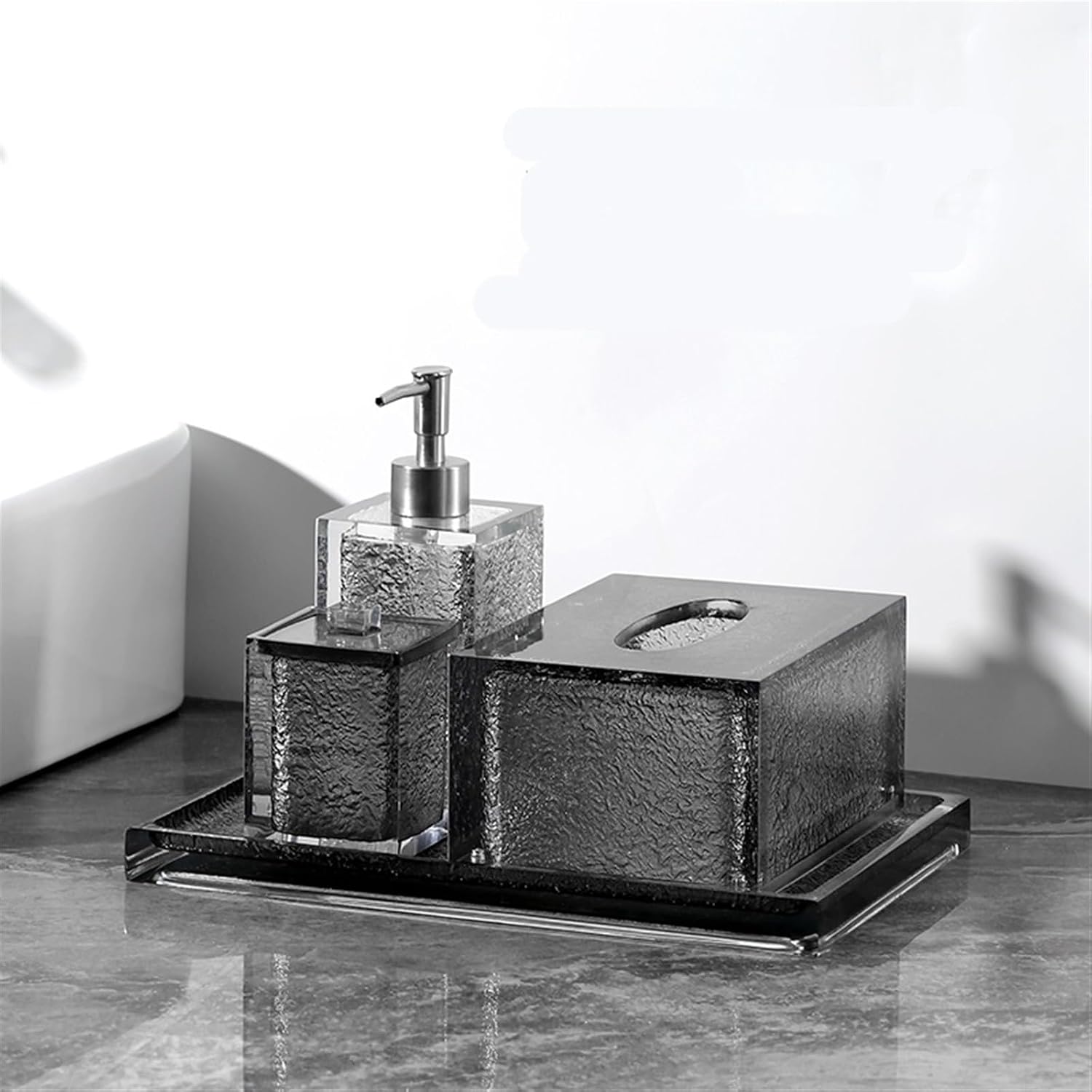 Beautiful Black Translucent Resin Bathroom Accessory Set, 4 Pieces Accessories Complete Vanity Countertop, Includes Soap Dispenser, Cup, Tissue Box and Tray Bathroom Decor