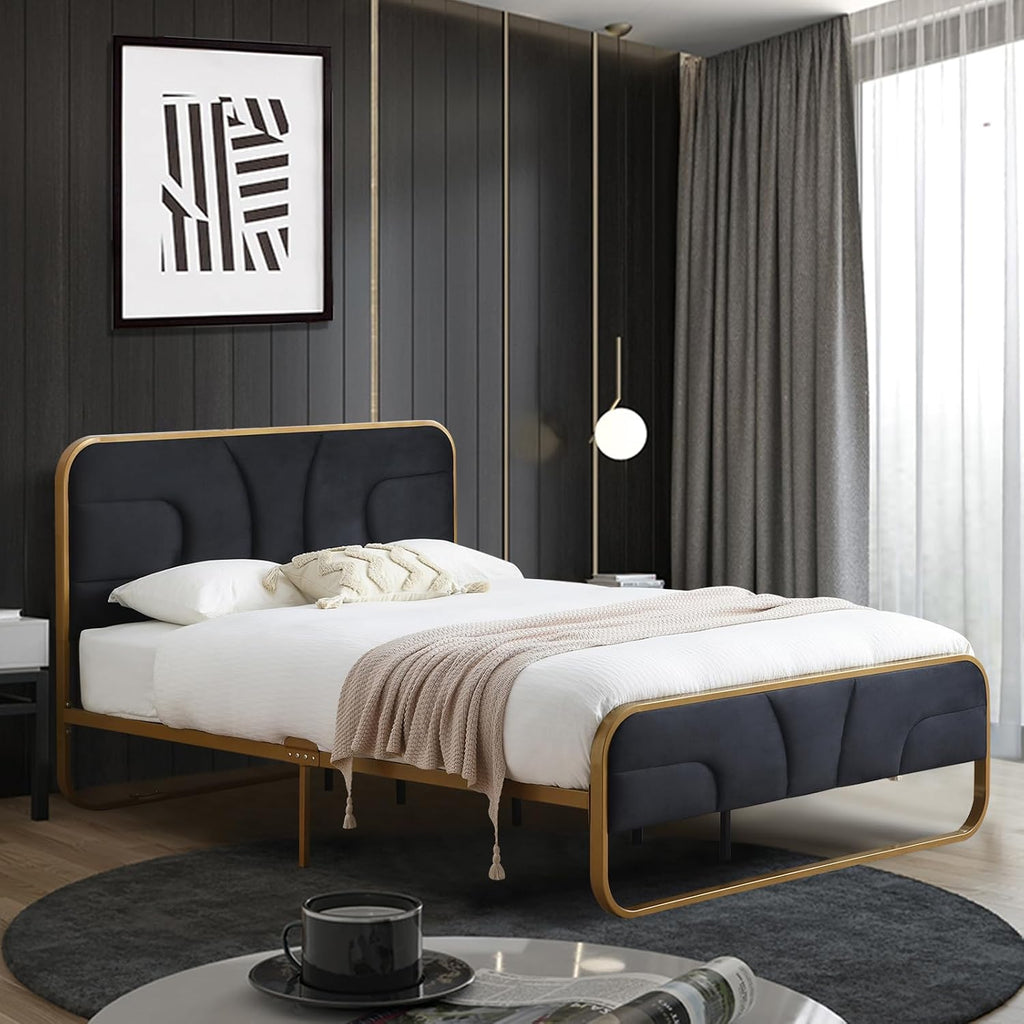 VELOCAVA Rounded Metal Upholstered Bed Queen with Unique Headboard, Soft Velvet Platform Bed Storage Supported by Metal Base and Wooden Slats, No Box Spring Needed,Gold & Black