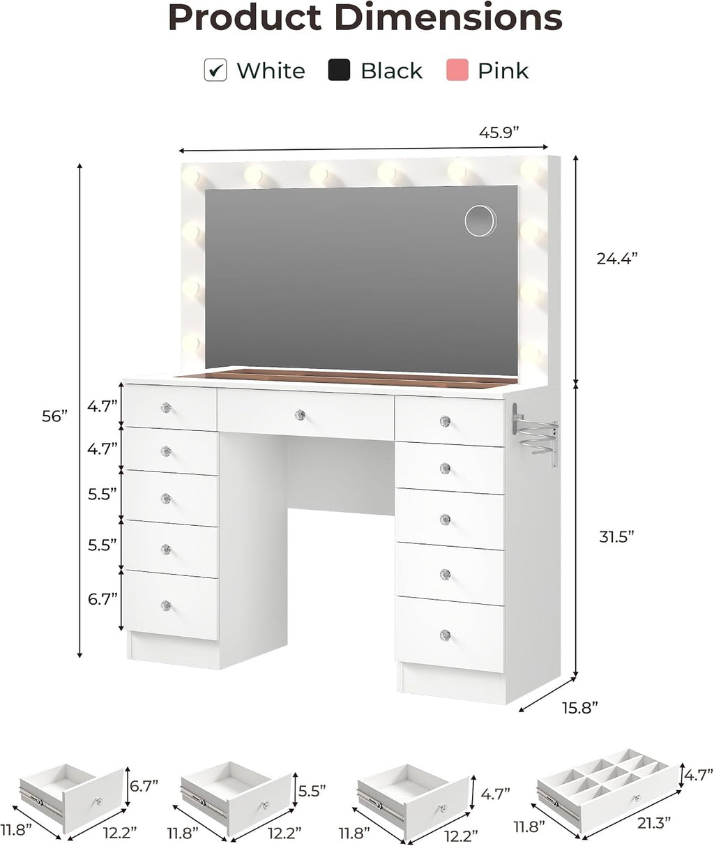 White Vanity with Lighted Mirror, 11 Drawers Vanity with Mirror and 12 LED Lights, 46' Makeup Vanity with 3 Lighting Modes Adjustable Brightness, Vanity Desk with Glass Top for Bedroom