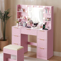 Karl home Fluted Vanity Desk with Mirror and Lights in 3 Modes and Charging Station, Makeup Vanity Table Set with 7 Drawers & Storage Shelves, Dressing Table with Chair for Bedroom, Pink