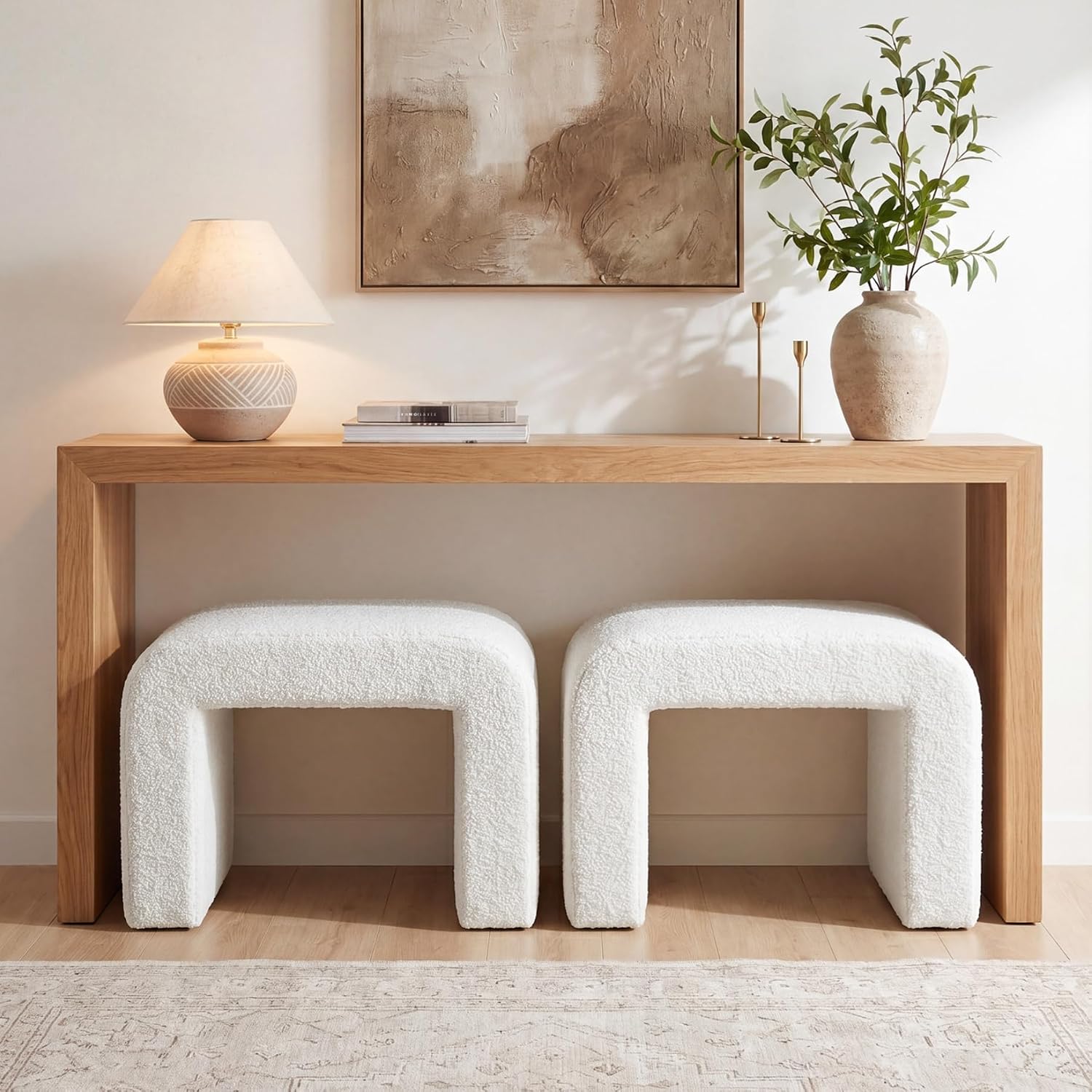 Tribesigns Ottoman Stool for Vanity, Modern Foot Rest for Couch, Large Sherpa Upholstered Foot Stool Ottoman, Arched Shoe Bench for Entryway, Extra Seating for Living Room, Bedroom, No Assembly, White