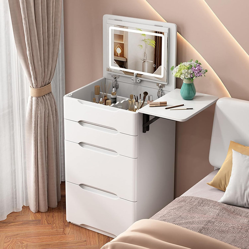3 in 1 Compact Dressing Table with Mirror and Lights,Small Vanity Desk with Stool and 3 Drawers,Corner Makeup Table with Foldable Panel for Bedroom Living Room Small Space