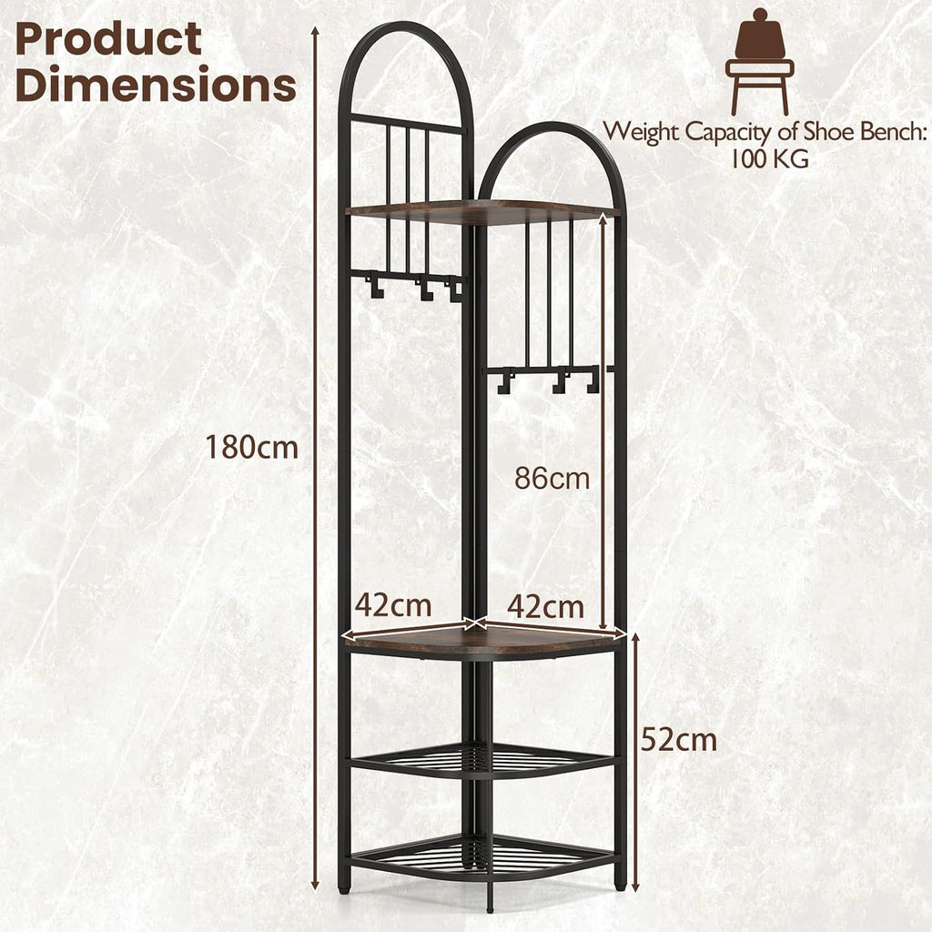 Tall 180cm Freestanding Coat Rack Stand with Shoe Bench, 6 Movable Hooks, 4-Tier Shelves, Rustic Brown & Black Corner Hall Tree nizer for Entryway Storage