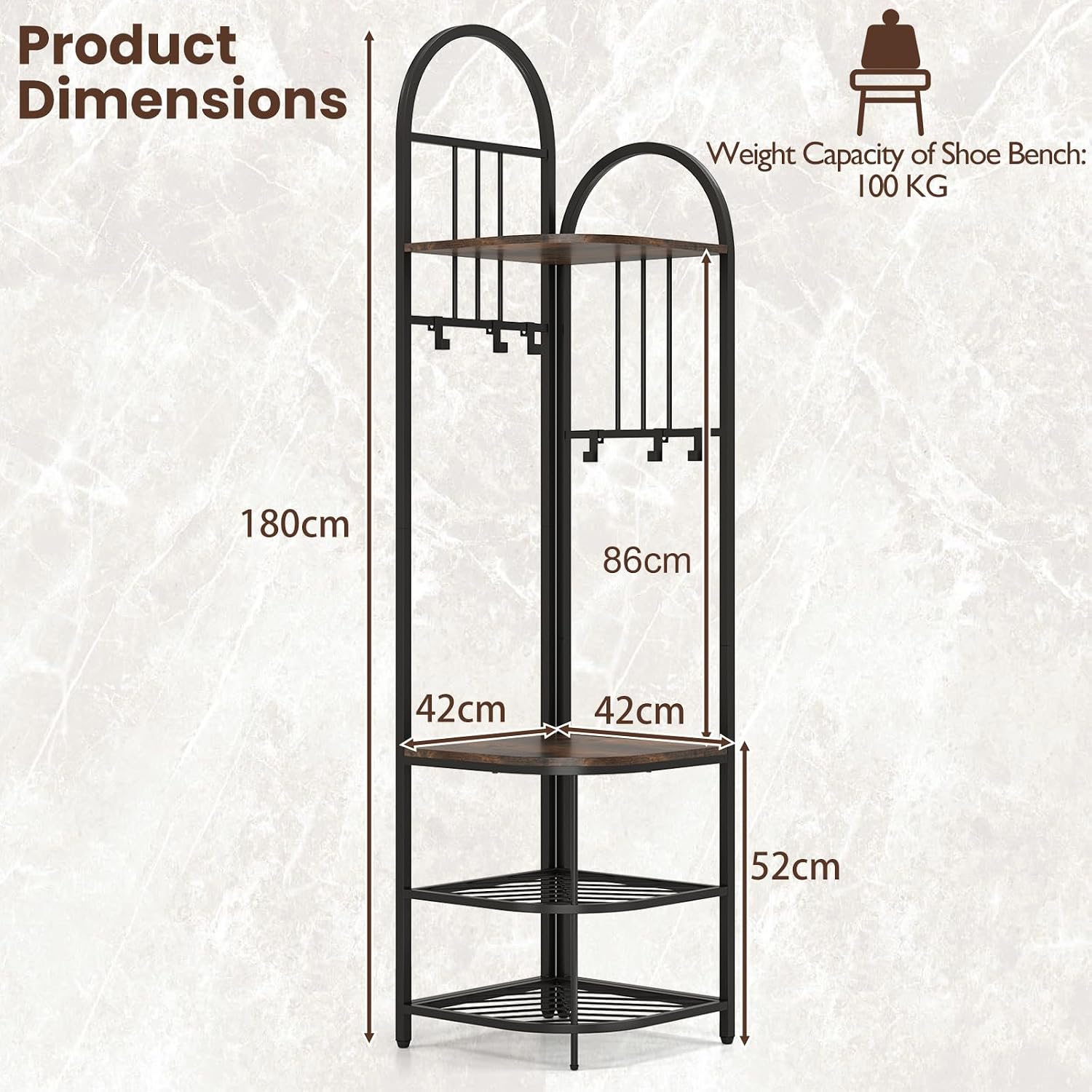 Tall 180cm Freestanding Coat Rack Stand with Shoe Bench, 6 Movable Hooks, 4-Tier Shelves, Rustic Brown & Black Corner Hall Tree nizer for Entryway Storage