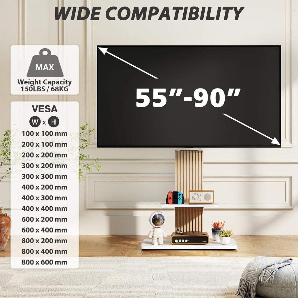 TVON Heavy Duty Floor TV Stand for 55-90 inch Large TVs up to 150 lbs, Tall TV Stand with Height Adjustable Mount, Universal TV Mount Stand with Large Storage Shelf and Wooden Base, White and Oak