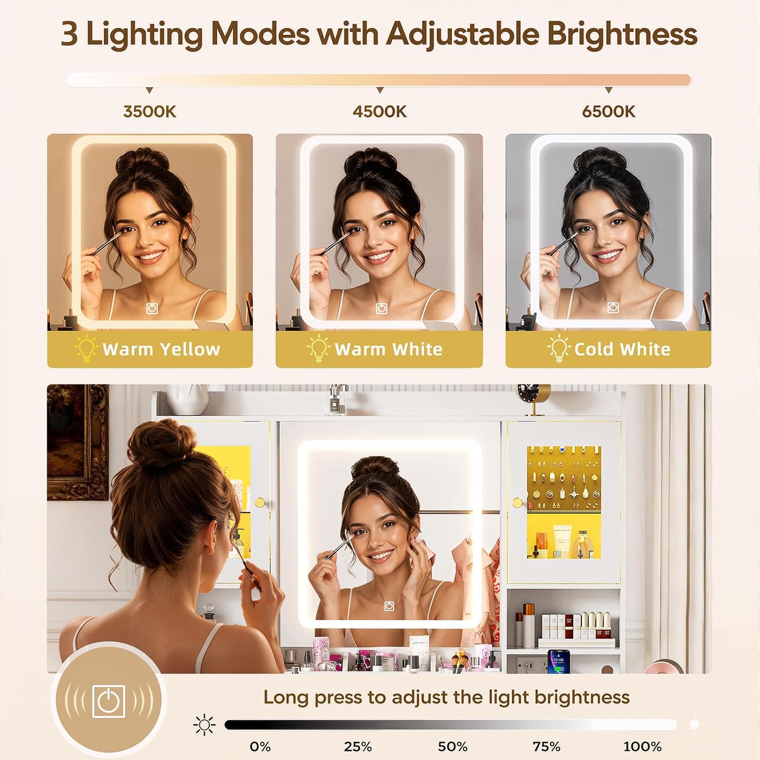 LAKEMID White Makeup Vanity Desk with Mirror and Lights,Make Up Vanity Table with Lighted Mirror 7 Drawers, Modern Vanity with Power Outlet RGB Cabinets,Dressing Table for Bedroom Women Girls