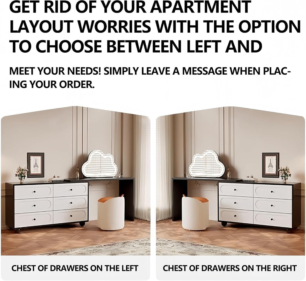 Vanity Desk Table with 3 Color Lighted Cloud-Shaped Smart Makeup Mirror, Corner Dresser Wide Tabletop with Retractable Design, Drawers Chest Installed Left or Right(White,W/o CHR,47.2in)