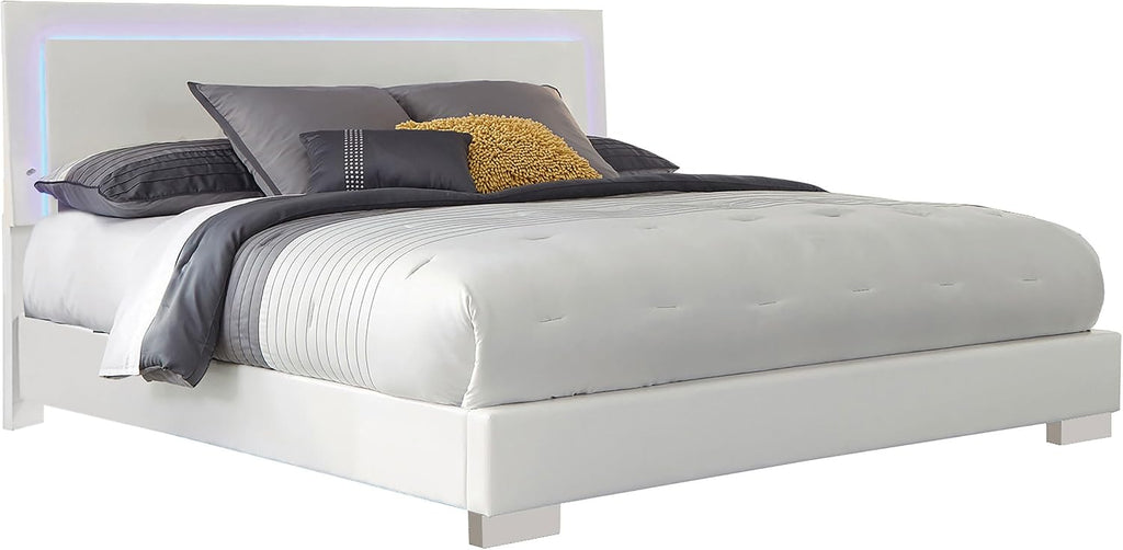 Coaster Home Furnishings Felicity Contemporary 4-Piece Bedroom Set California King Size LED Panel Bed Frame 49-inch Headboard White High Gloss 203500KW-S4L