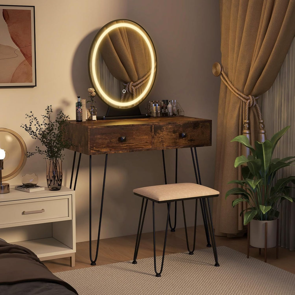 Byroce Vanity Desk with Lighted Mirror, 3 Color Lighting Modes, Adjustable Brightness, 2 Large Drawers & Acrylic Storage Box, Makeup Vanity Table with Cushioned Stool for Bedroom (Rustic Brown)