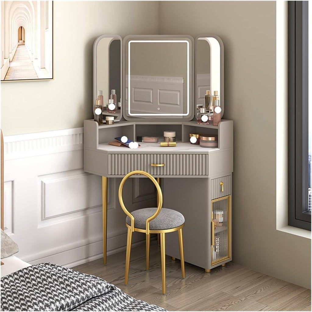 Makeup Vanity Desk Corner Vanity Desk Set Wood Space Saving with Storage Cabinets and Circular Mirrors Modern Triangle Combination Locker Writing