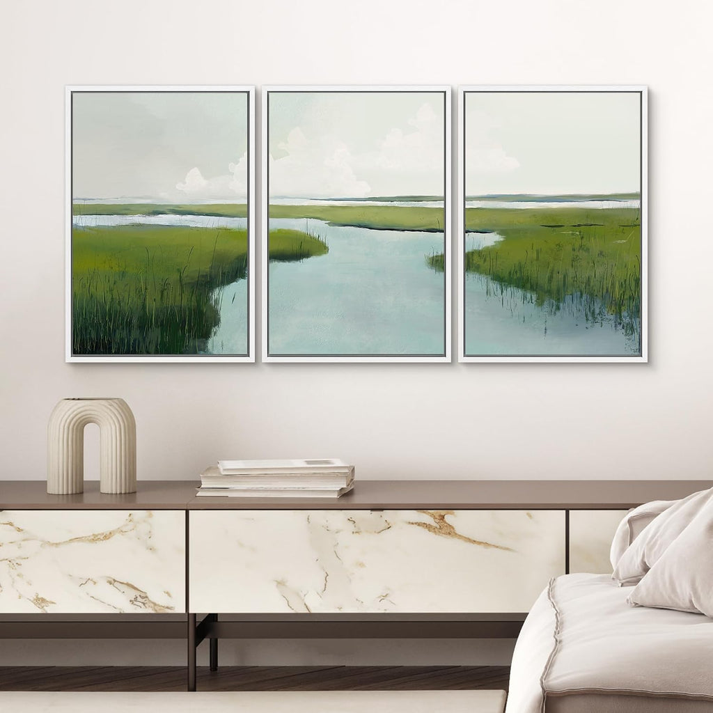 SIGNWIN Framed Canvas Print Wall Art Set Serene Marshland with Green Wetlands and Tranquil Water Illustrations Modern Art Decorative Rustic Zen for Living Room, Bedroom, Office - 16'x24'x3 White