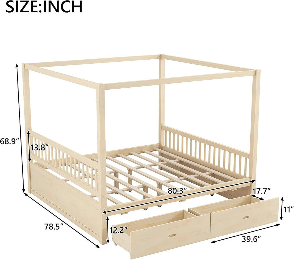 Canopy Bed with Storage Drawers, Wooden Bed Frame with Slat for Bedroom,No Spring Box Needed (Natural, King (U.S. Standard))