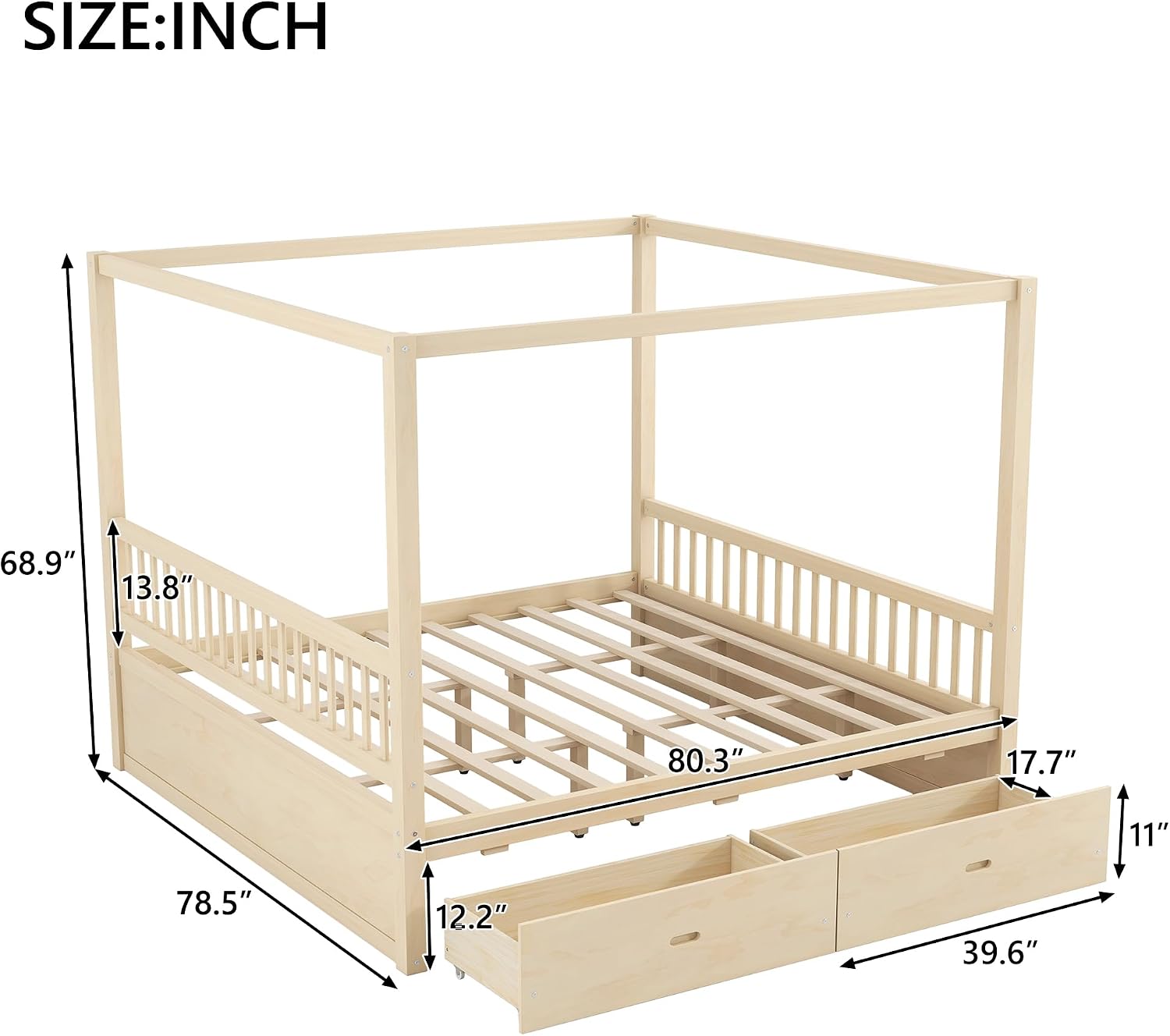 Canopy Bed with Storage Drawers, Wooden Bed Frame with Slat for Bedroom,No Spring Box Needed (Natural, King (U.S. Standard))