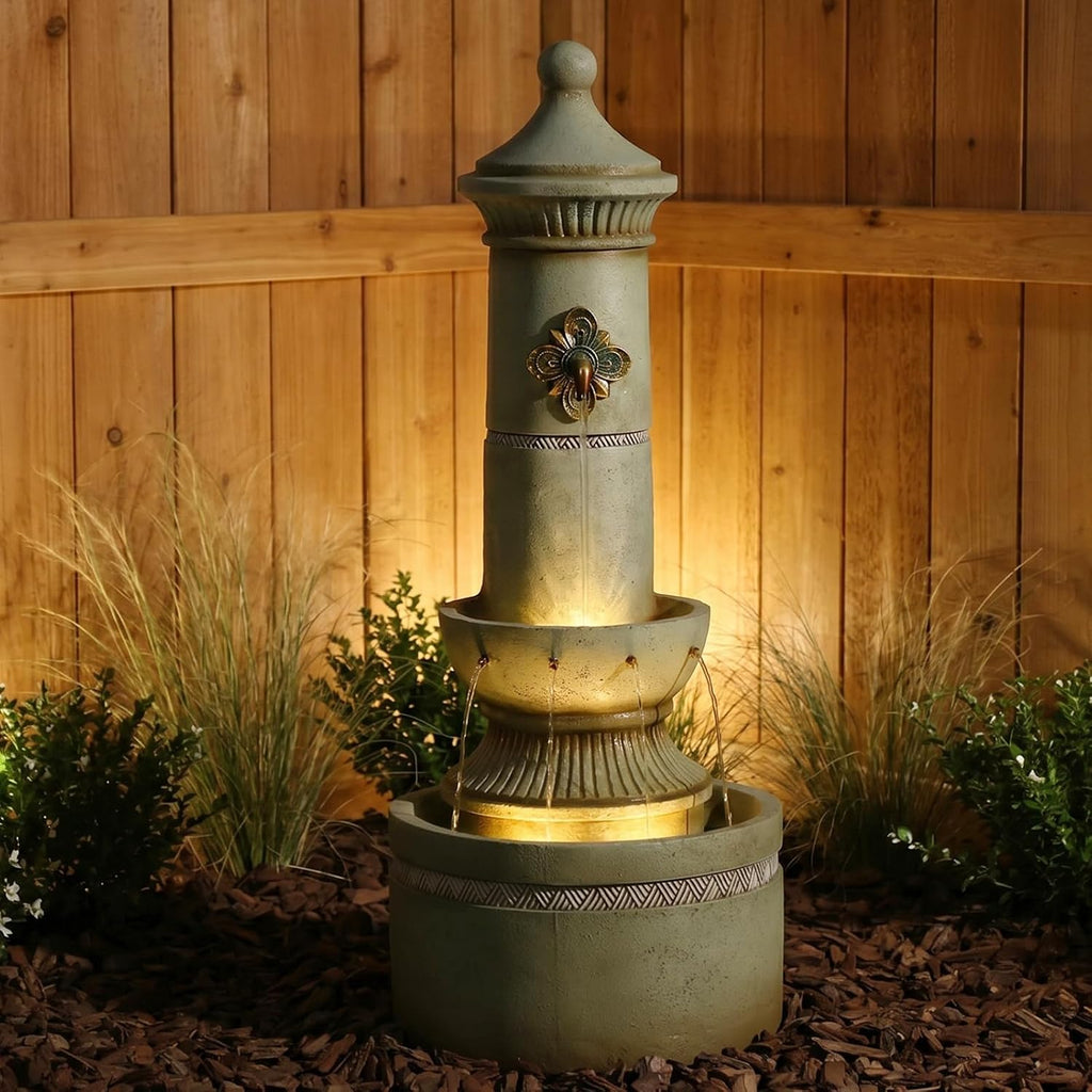 Bumilgar Outdoor Wall Fountain with LED Lights, 40.16' H Freestanding Garden Water Fountain, Large Floor Standing Patio Waterfall Feature, European Resin Flat Back Yard Courtyard Porch Décor