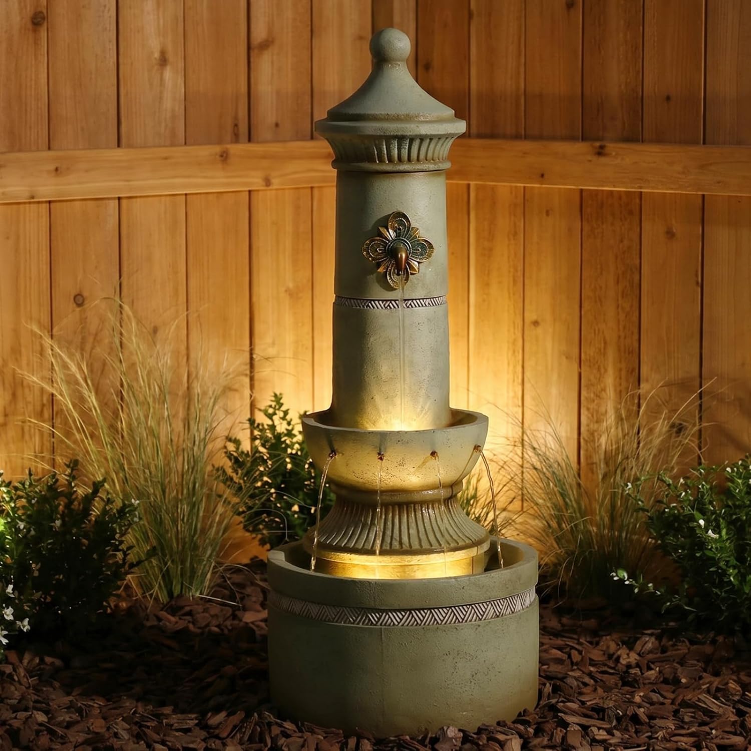 Bumilgar Outdoor Wall Fountain with LED Lights, 40.16' H Freestanding Garden Water Fountain, Large Floor Standing Patio Waterfall Feature, European Resin Flat Back Yard Courtyard Porch Décor