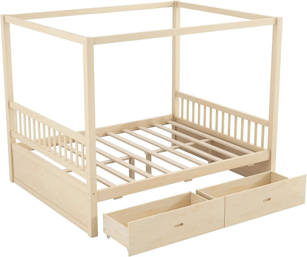 Merax Queen Size Canopy Bed with Storage, Solid Wood Four Posters Bed Frame with Drawers, No Box Spring Needed, Natural