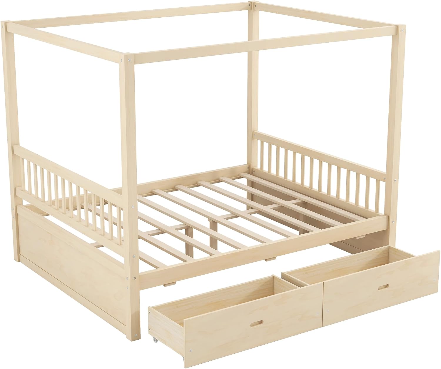 Merax Queen Size Canopy Bed with Storage, Solid Wood Four Posters Bed Frame with Drawers, No Box Spring Needed, Natural