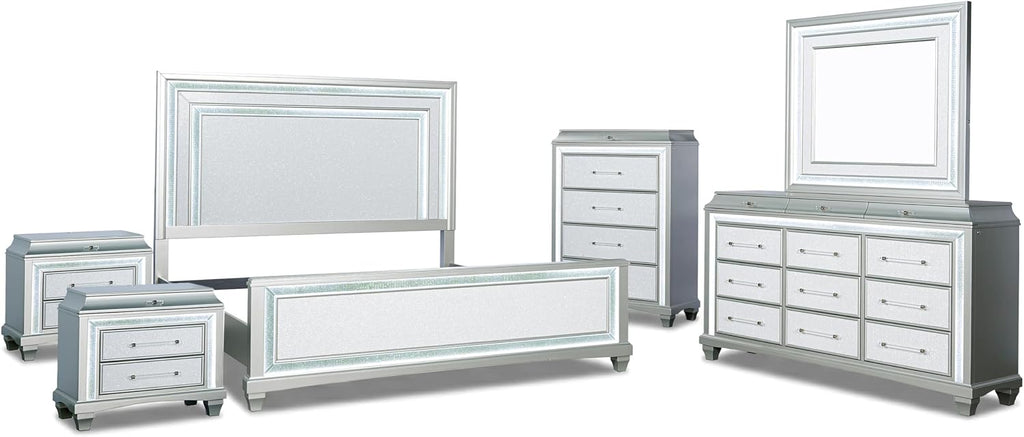 Furniture of America Silvia Glam Solid Wood 6-Piece Bedroom Set with Layered Frame Bed, Faux Crystal Trim LED on Nightstands, Chest and Dresser with Mirror, Box Spring Needed for Bedroom, King, Silver