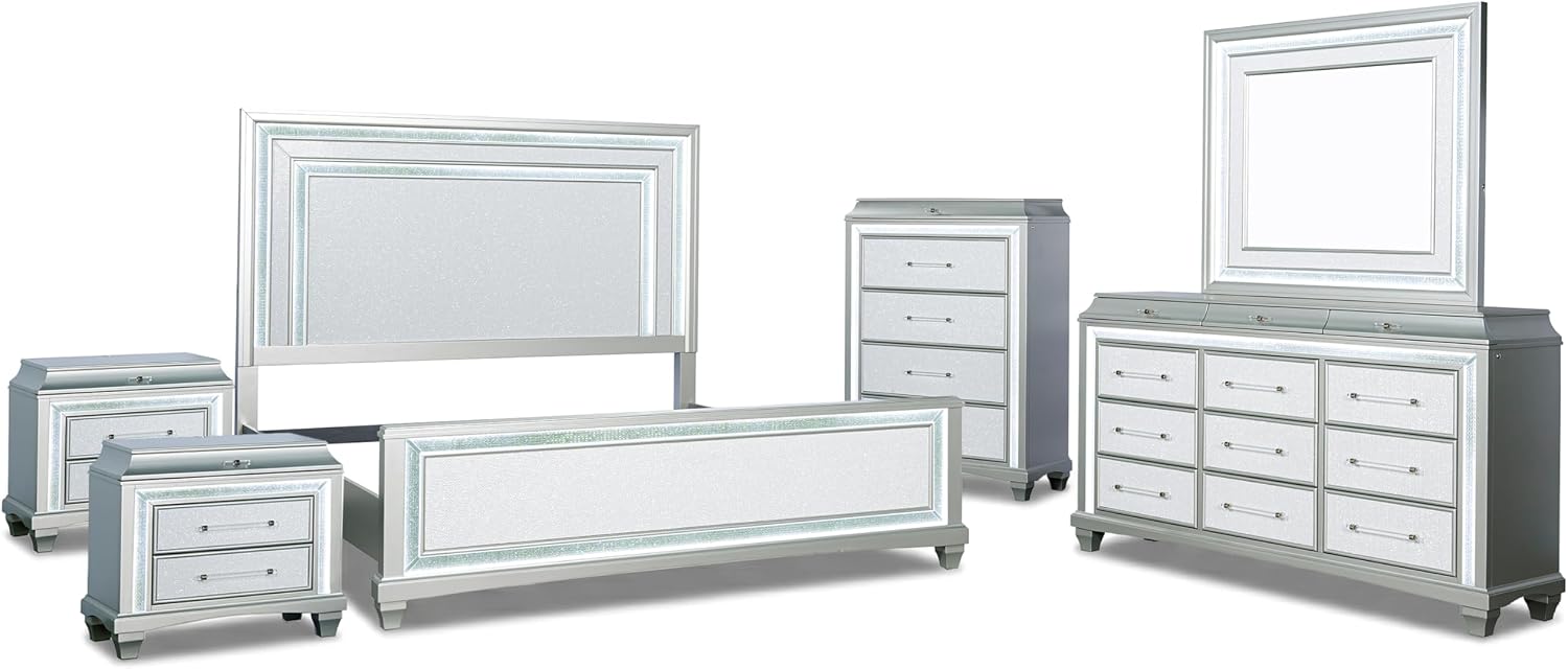 Furniture of America Silvia Glam Solid Wood 6-Piece Bedroom Set with Layered Frame Bed, Faux Crystal Trim LED on Nightstands, Chest and Dresser with Mirror, Box Spring Needed for Bedroom, King, Silver